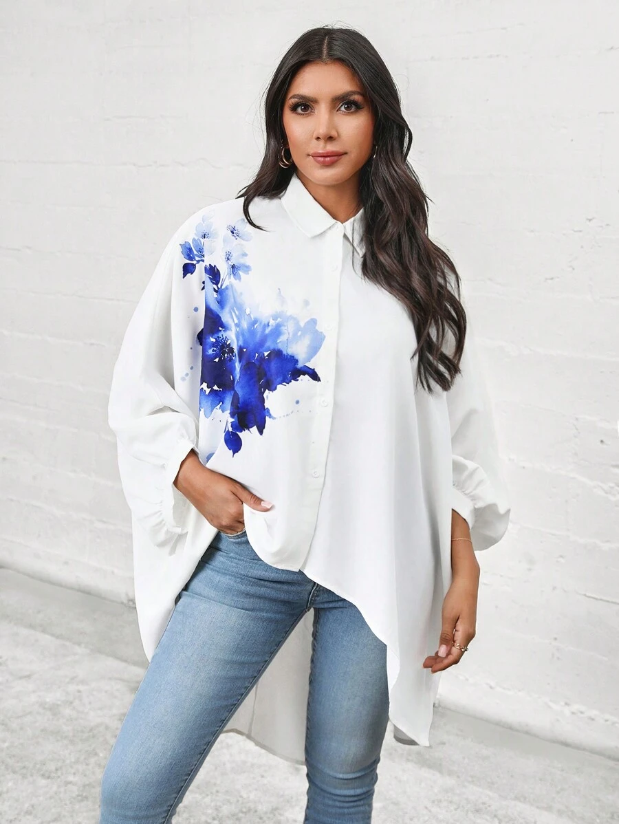 SHEIN LUNE Women's Watercolor Pattern Batwing Sleeve High-Low Hem Blouse - White - View 1