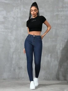 Jeanoix 實心斜口袋修身牛仔褲 - 中等水洗藍 - 查看 4