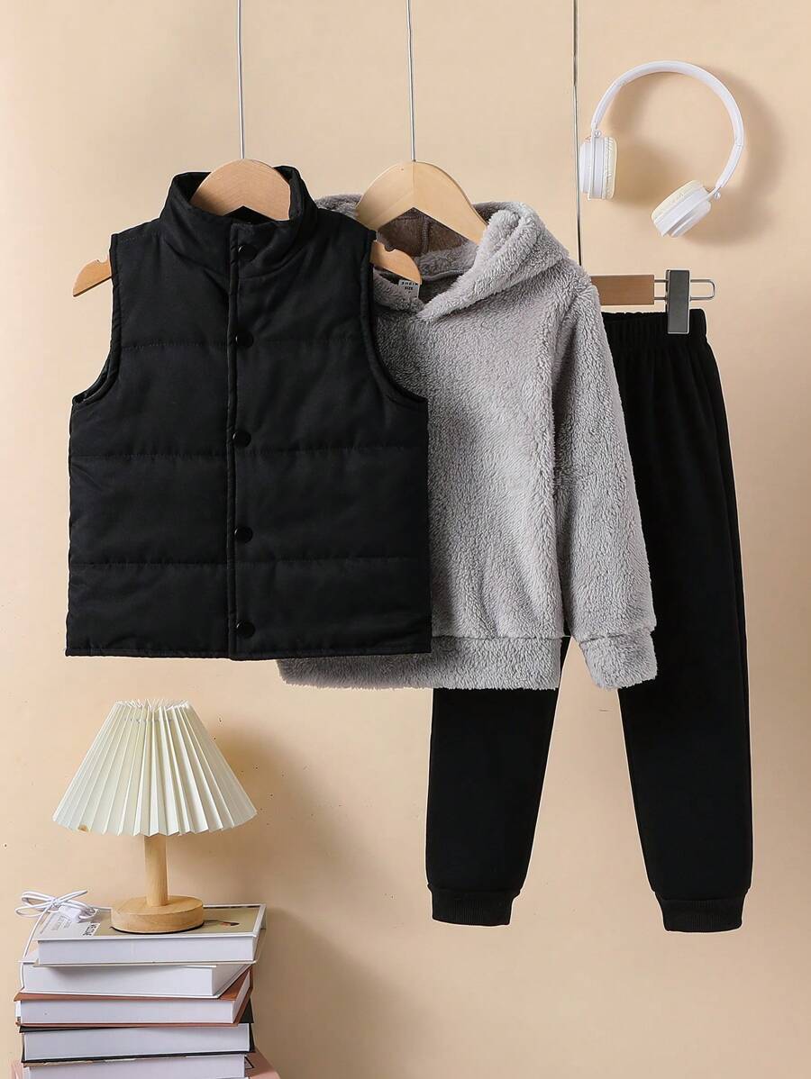 SHEIN 3 件套女童时尚加垫背心，带连帽羊毛运动衫和纯色裤子，适合户外运动、度假和上学，冬季 - 灰色 - 查看 1