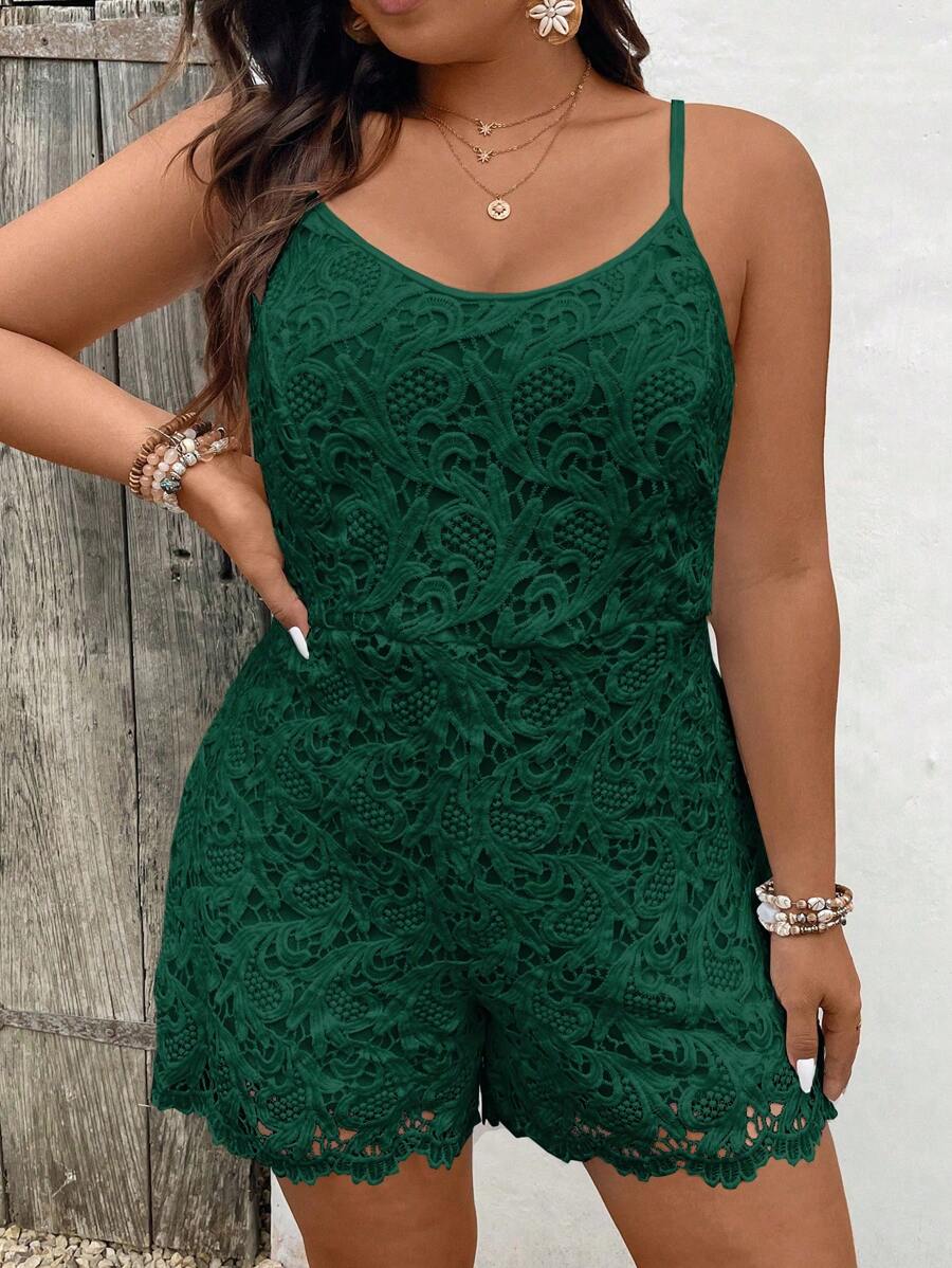 SHEIN Clasi Plus Size Solid Color Spaghetti Strap Jumpsuit With Flower Embroidery And Shell Edges, Casual Vacation - Dark Green - View 1