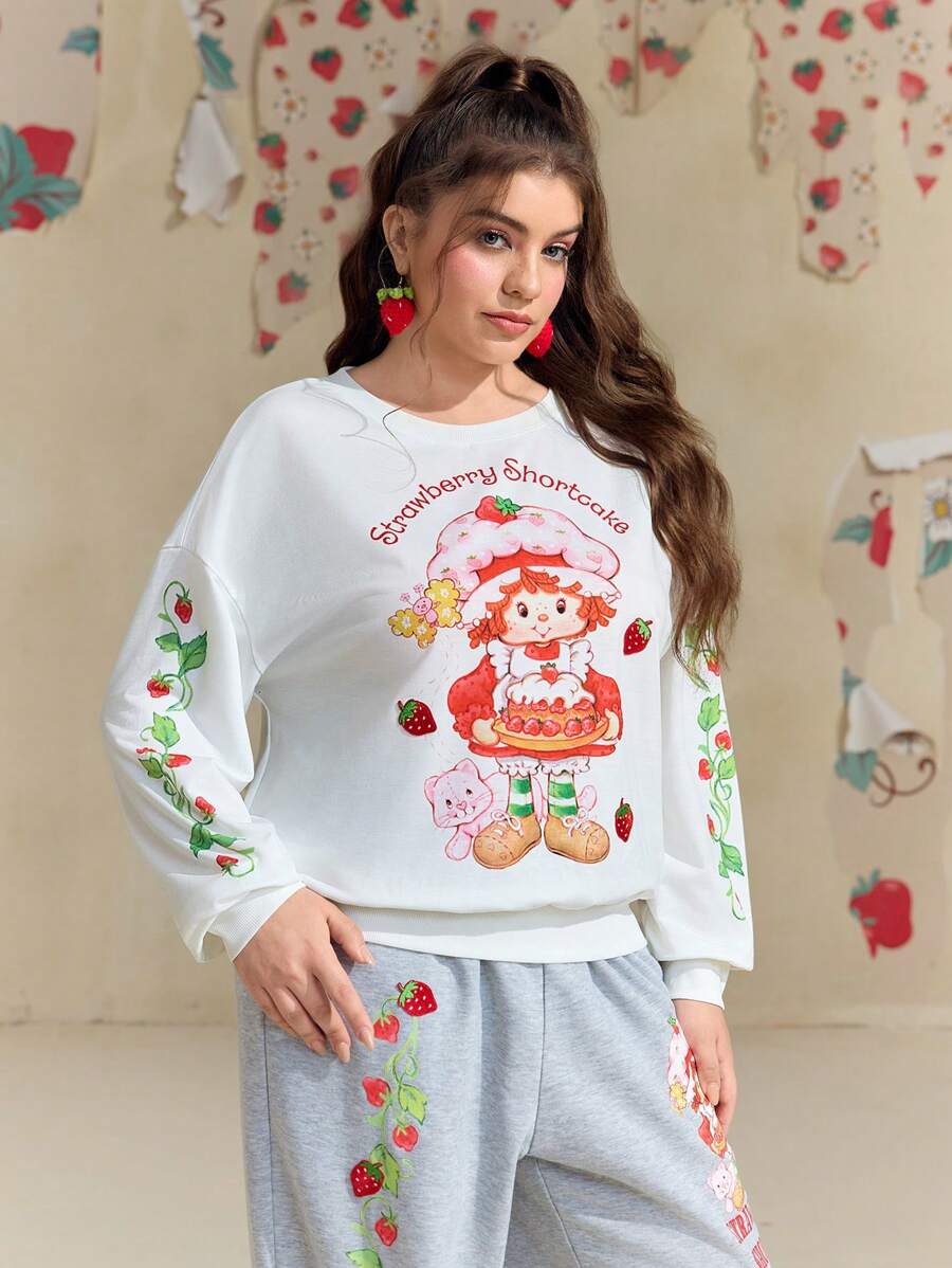 Strawberry Shortcake X SHEIN 大码女式秋季休闲甜美复古 Y2K 自然白色草莓猫印花落肩运动衫 - 白色 - 查看 1
