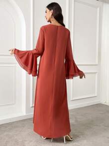Al Najma Contrast Lace V Neck Flare Sleeve Dress - Coral Orange - View 6