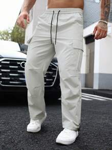 Manfinity Hypemode Men Flap Pocket Side Drawstring Waist Cargo Pants - Beige - View 1
