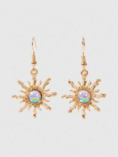 Fairycore Personalized Cold-Tone Gold & Green Sun-Shaped Earrings