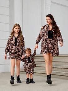 SHEIN Essnce Women's Summer Or Fall OutfitsLeopard Print Long Sleeve Button Up Shirt And Stylish Loose Casual Shorts, 2pcs/Set Button Down Shirt  - Mommy And Me Matching Outfits (Sold Separately) - Multicolor - View 2