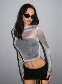 EgrlEra 女士春夏季性感長袖緊身銀絲網上衣 - 銀色 - 查看 4