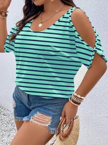 Franclia Camiseta holgada de manga corta y hombros abiertos a rayas para mujer de talla grande, camisetas gráficas de verano para mujeres, Día de San Patricio