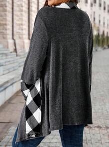 EMERY ROSE Women's Plus Size Geometric Printed Long Sleeve Splice Dark Grey Cardigan, Spring And Autumn - Dark Grey - View 2