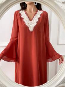 Al Najma Contrast Lace V Neck Flare Sleeve Dress - Coral Orange - View 3