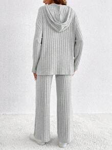 SHEIN 孕婦用肋紋束口連帽上衣和褲子套裝，長袖 - 灰色 - 查看 2