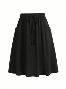 SHEIN LUNE Falda De Talle Alto De Talla Grande Con Bolsillos - Negro - Ver 5