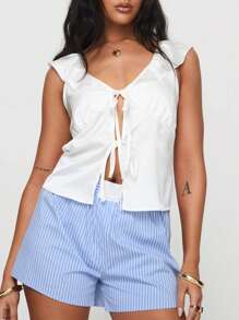 INAWLY Ruffle Trim Tie Front Blouse For Summer - White - View 3