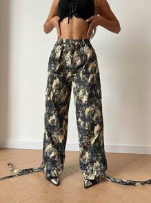 SHEIN Unity Women's Digital Printed Cargo Pants With Button Waistband And Cuff, High-End Design Fall Cloth For Women - Multicolor - View 6