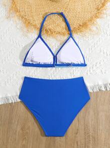 Tween Girl Two Tone Halter Triangle Swim Top & Swim Bottom Bikini Set Summer Beach - Blue - View 2