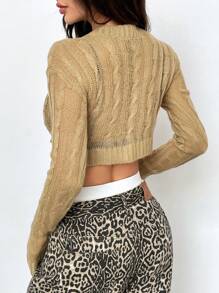 SHEIN Unity Solid Long Sleeve Crop Sweater Without Bra For Dailywear, Knit Pullover Fall Winter - Khaki - View 2