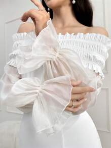 Modelyn Đầm lệch vai xếp nếp xẻ đùi cho ngày lễ - trắng - Xem 2