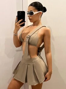 SHEIN ICON Ensemble d'été : haut de soutien-gorge triangulaire sexy, avec dos ouvert et jupe suspendue à plis ultra basse à la taille - Kaki - Voir 5