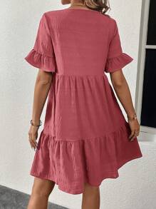 SHEIN LUNE Women's Summer Solid Color Round Neck Short Sleeve Loose A-Line Dress - Pink - View 2