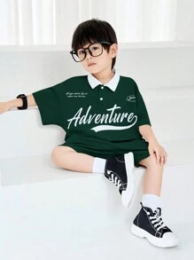 SHEIN 2入組男童韓版寬鬆款POLO領短袖針織衫和純色短褲針織套裝，字母印花，夏季