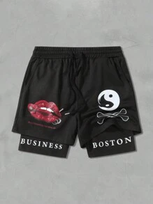 Manfinity Homme Men's Summer Casual Drawstring Waist 2 In 1 Lip & Letter Print Shorts - Black - View 3