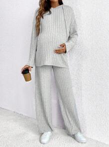 SHEIN 孕婦用肋紋束口連帽上衣和褲子套裝，長袖 - 灰色 - 查看 5