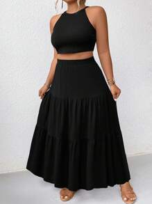 SHEIN Clasi 大尺碼純色無袖上衣和荷葉邊裙子，2件套組合 - 黑色 - 查看 5