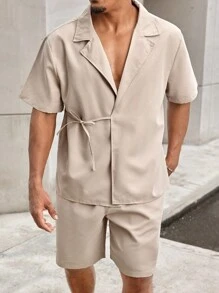 Manfinity Homme Bộ áo sơ mi và quần đùi ngắn tay hàng ngày cỡ lớn cho nam - Màu Khaki - Xem 4