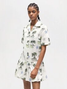 Maija 女式短袖鈕領熱帶植物印花荷葉邊迷你連衣裙