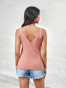 SHEIN LUNE Women's V-Neck Sleeveless Solid Color Simple Style Lace Mohair Knitting Knitted Top - Orange - View 2
