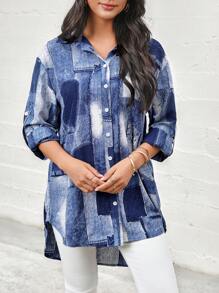 SHEIN LUNE Women's Autumn/Winter Jean-Impressed Printed Mid-Length Shirt With Rolled-Up Sleeves - Blue - View 3