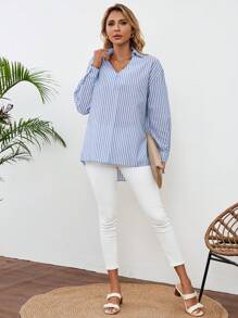 EMERY ROSE 秋季裝學校襯衫老師工作女士襯衫老師服裝老師襯衫休閒女裝裙子老師裝長袖襯衫，老牌風格開學季服裝 - 藍色 - 查看 4