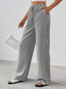SHEIN Tall Striped & Printed Casual Daily Wear Women Spring/Summer Long Pants - Black - View 4