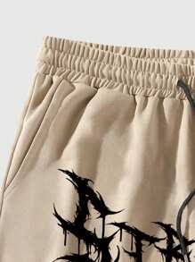 ROMWE MEN Goth 男士和字母印花抽绳腰夏季短裤，学校 - 卡其色 - 查看 5