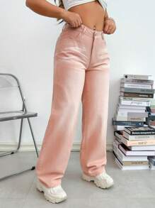 SHEIN SXY Women's Casual Straight-Leg Jeans With Pockets - Baby Pink - View 4