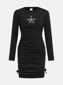 SHEIN Tween-Mädchen Kleid im Lässig-Stil mit schwarzen Pailletten, Sternenverzierung und plissiertem Langarm-Design