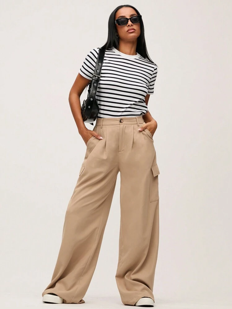 SHEIN BASICS T-shirt col rond à imprimé rayé décontracté pour l'été - Noir et Blanc - Voir 6