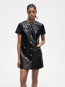 Maija 女士“重返校园”黑色 PU 皮革休闲短袖纽扣式迷你连衣裙