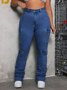 SHEIN ICON 大码时尚水洗牛仔喇叭裤，带多个口袋 - 深色水洗藍 - 查看 4