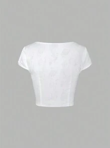 Sweetra Camisa de mujer brillante de verano con empalme de encaje, cuello en V y teñido anudado