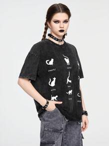 ROMWE Grunge Punk 復古洗水雪花布有趣貓印花女式寬鬆T恤 - 黑色 - 查看 3