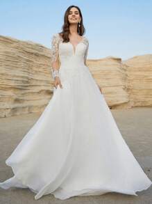 奢华雪纺蕾丝婚纱，幻彩长袖新娘礼服，V 领 A 字形婚纱，女士拉链后背优雅连衣裙，新娘