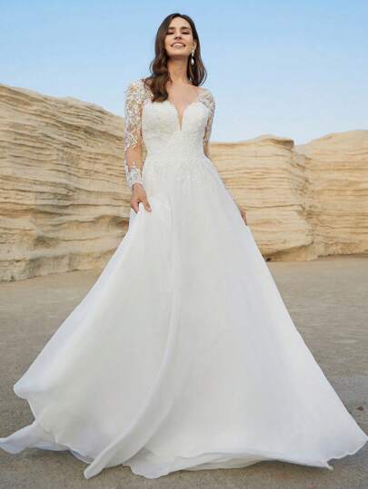 Luxury Chiffon Wedding Dresses With Lace Illusion Long Sleeves Bridal Gowns V-Neck A-Line Wedding Gowns Fo Women Zipper Back Elegant Dress,Bride