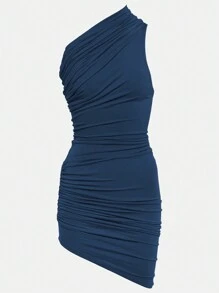 Đầm Bodycon xếp nếp cổ bất đối xứng - Màu xanh lam - Xem 4