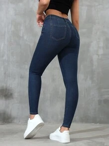 Jeanoix 實心斜口袋修身牛仔褲 - 中等水洗藍 - 查看 2