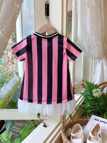 Fashionable Striped Digital Printed Short Sleeve Dress For Baby Girls, Summer - Multicolor - View 2