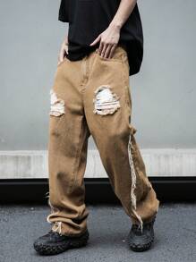 Manfinity EMRG Men Ripped Fringe Trim Straight Leg Baggy Jeans