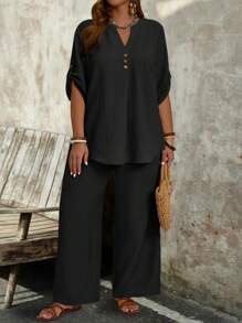 EMERY ROSE Ensemble top à encolure encochée, manches à rouler et pantalon à jambes larges