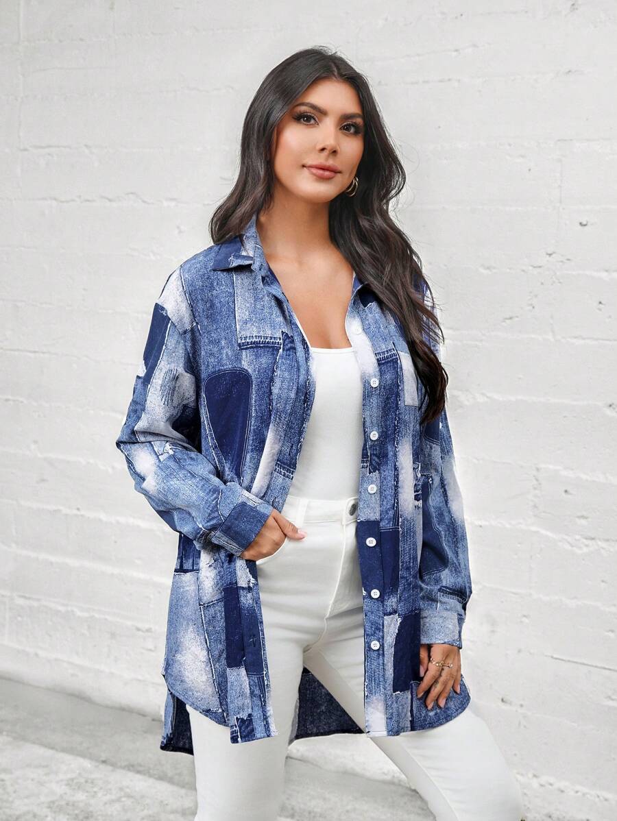 SHEIN LUNE Women's Autumn/Winter Jean-Impressed Printed Mid-Length Shirt With Rolled-Up Sleeves - Blue - View 1