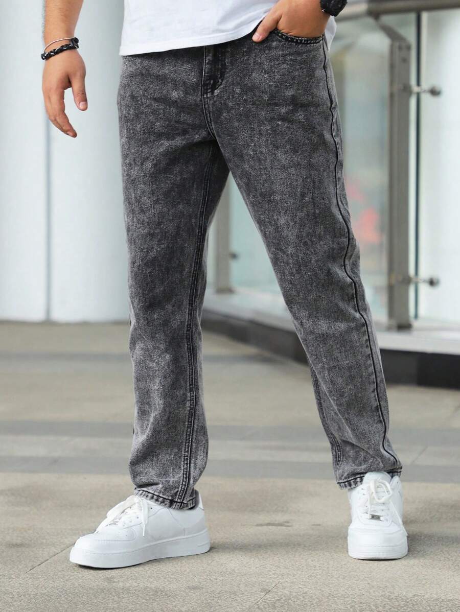 Men's Solid Color Casual Straight-Leg Jeans - Grey - View 1