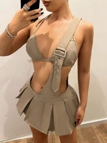 SHEIN ICON Ensemble d'été : haut de soutien-gorge triangulaire sexy, avec dos ouvert et jupe suspendue à plis ultra basse à la taille - Kaki - Voir 2